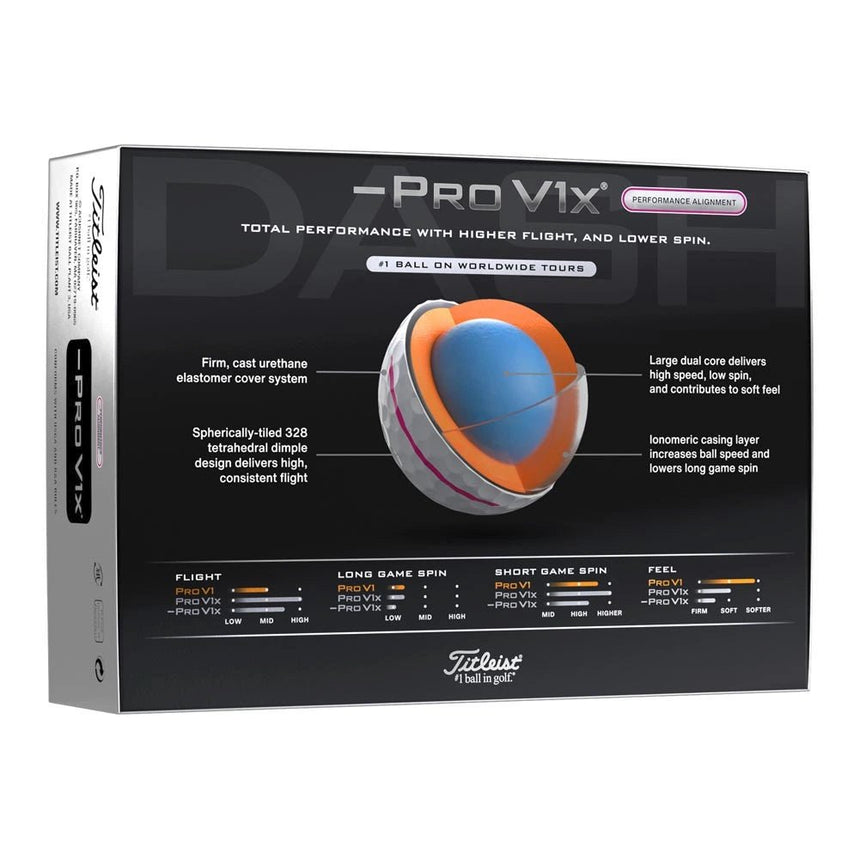 Titleist Pro V1x Left Dash Performance Alignment Golf Balls - Pink